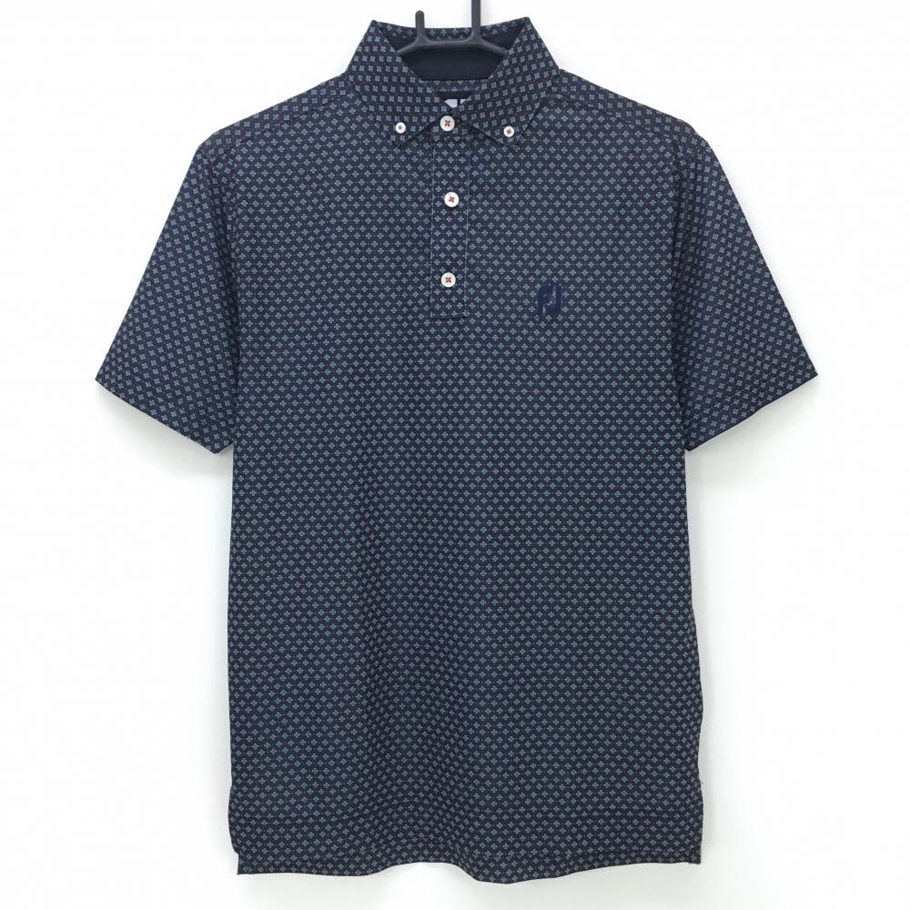 【超美品】フットジョイ 半袖ポロシャツ ネイビー×レッド 総柄 ボタンダウン メンズ M ゴルフウェア FootJoy
