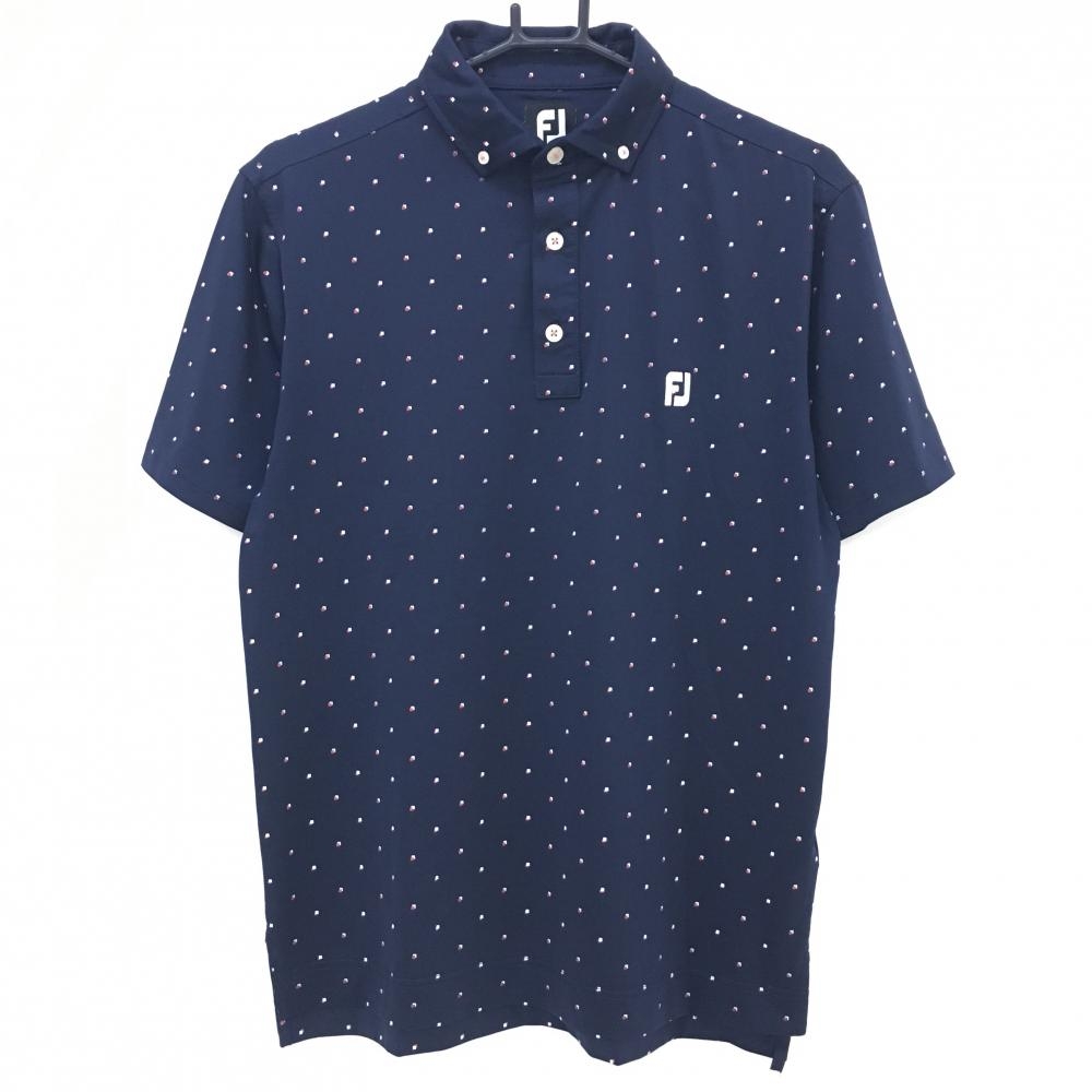 【美品】フットジョイ 半袖ポロシャツ ネイビー×白 総柄 ロゴ刺しゅう メンズ L ゴルフウェア FootJoy
