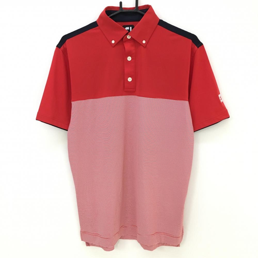 【美品】フットジョイ 半袖ポロシャツ レッド×ネイビー ボーダー ボタンダウン メンズ M ゴルフウェア FootJoy