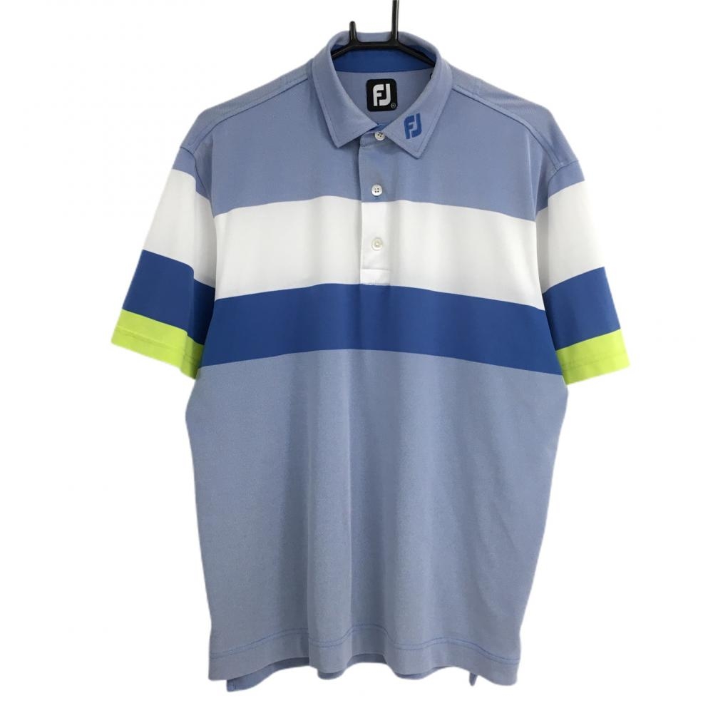 【美品】フットジョイ 半袖ポロシャツ ブルー×白 ボーダー  メンズ 2XL ゴルフウェア FootJoy 画像