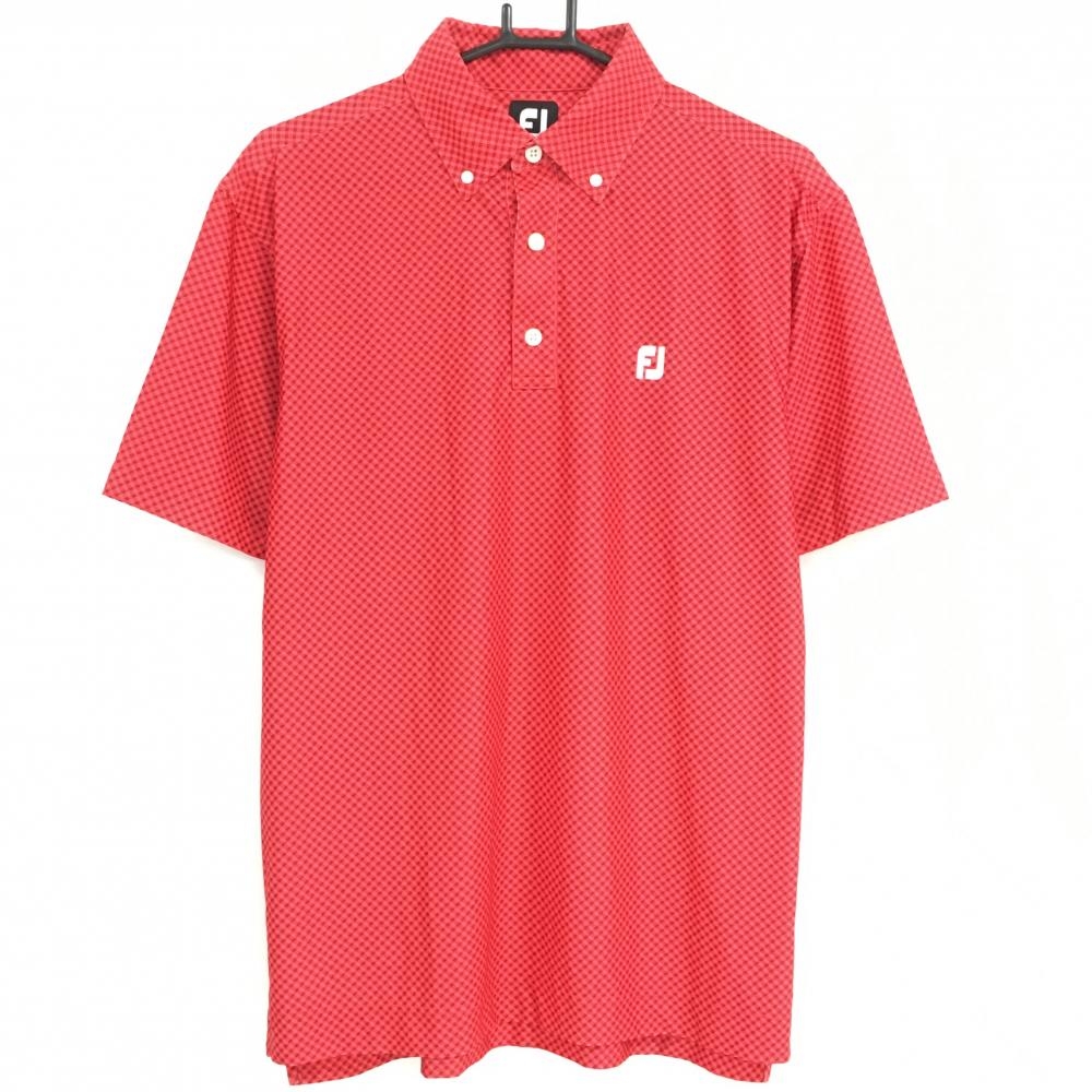 【超美品】フットジョイ 半袖ポロシャツ レッド×ネイビー 総柄 ロゴ刺しゅう ボタンダウン メンズ L ゴルフウェア FootJoy