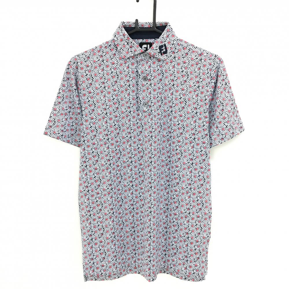 【超美品】フットジョイ 半袖ポロシャツ ネイビー×白 花柄 襟刺しゅう メンズ M ゴルフウェア FootJoy