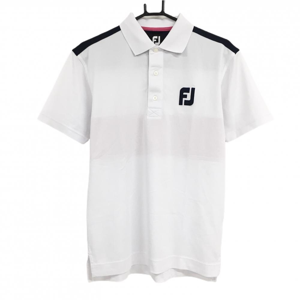 フットジョイ 半袖ポロシャツ 白×ネイビー 背面肩・胸ライン 胸ワッペン  メンズ M ゴルフウェア FootJoy
