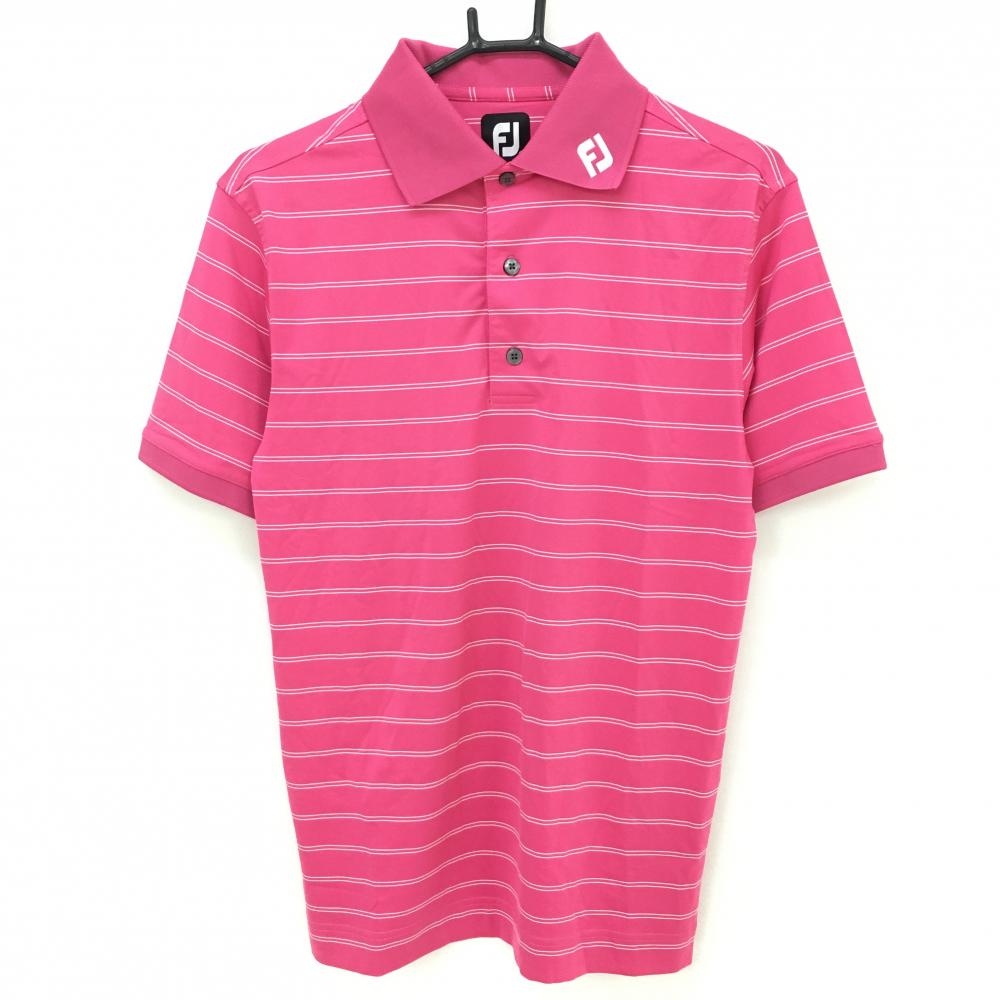 【美品】フットジョイ 半袖ポロシャツ ピンク×白 ボーダー 襟刺しゅう メンズ S ゴルフウェア FootJoy