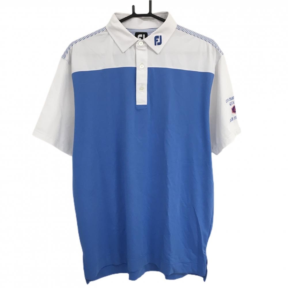 【超美品】フットジョイ 半袖ポロシャツ ライトブルー×白 背面肩ボーダー ARIAKE COUNTRY CLUB メンズ XL ゴルフウェア FootJoy