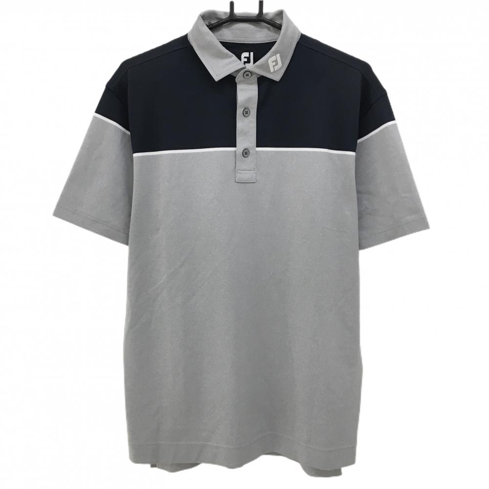【超美品】フットジョイ 半袖ポロシャツ ライトグレー×ネイビー ロゴ刺しゅう メンズ XL ゴルフウェア FootJoy