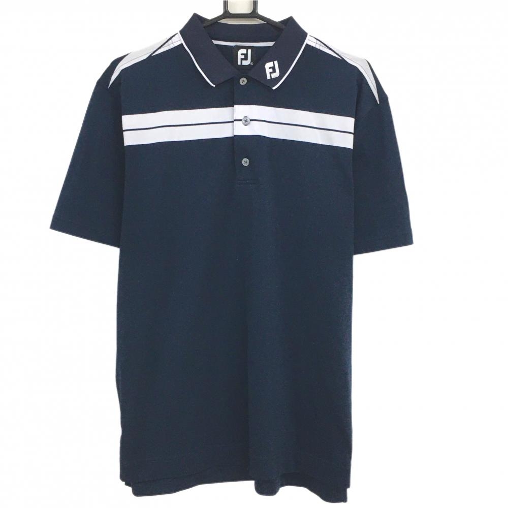 フットジョイ 半袖ポロシャツ ダークネイビー×白 背面ボーダー ロゴ刺しゅう メンズ XL ゴルフウェア FootJoy