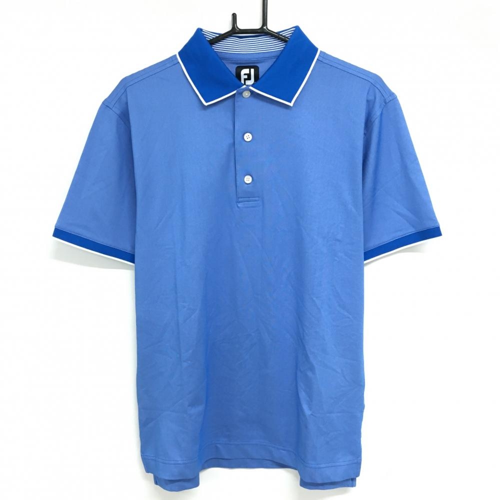 【超美品】フットジョイ 半袖ポロシャツ ブルー×白 襟・袖口白ライン  メンズ L ゴルフウェア FootJoy