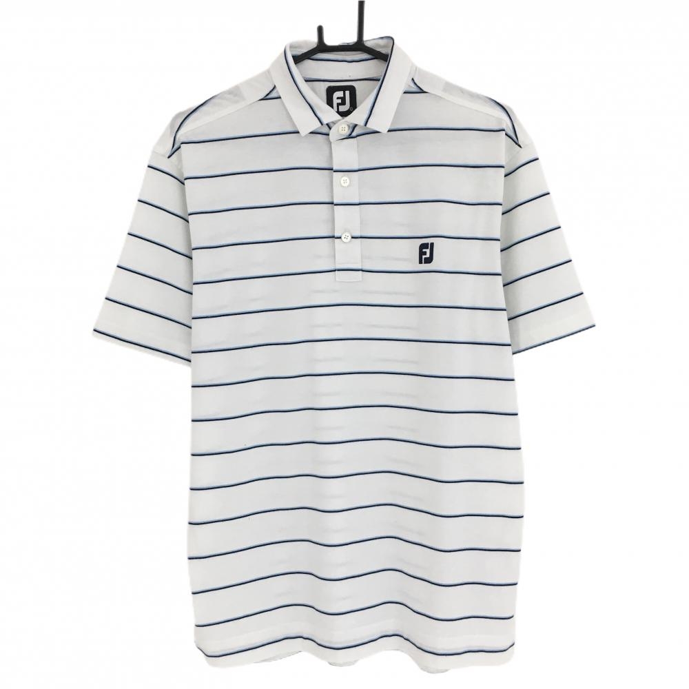 フットジョイ 半袖ポロシャツ 白×ネイビー×ライトブルー ボーダー ロゴ刺しゅう  メンズ L ゴルフウェア FootJoy