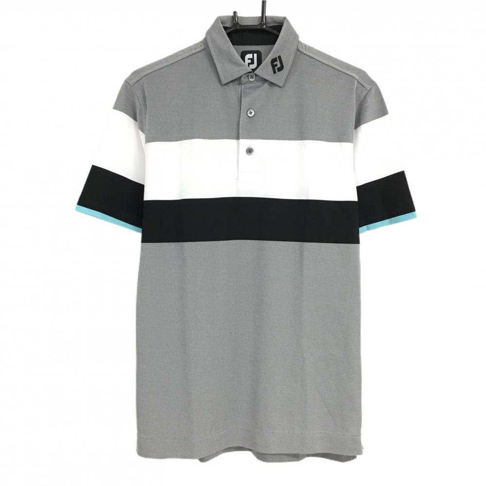 【超美品】フットジョイ 半袖ポロシャツ グレー×白 胸ライン ロゴ メンズ L ゴルフウェア FootJoy
