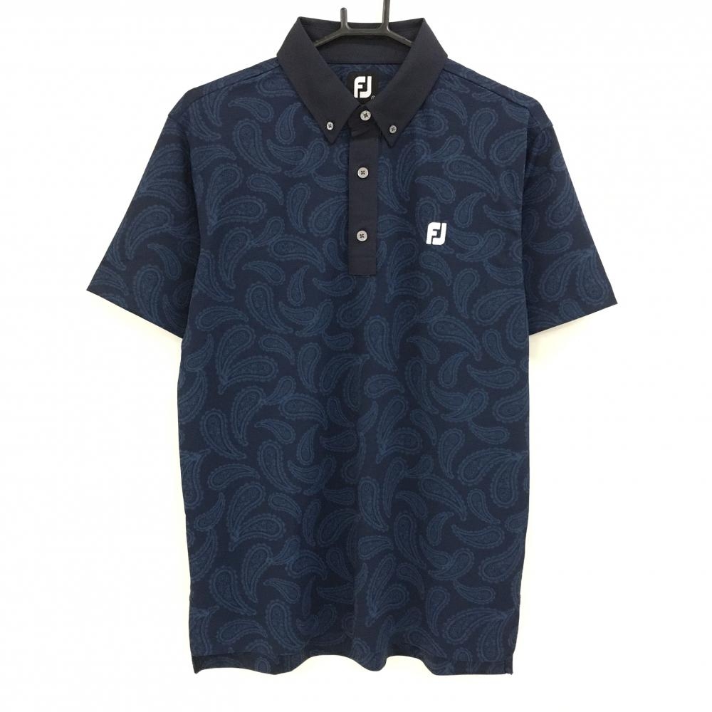 【超美品】フットジョイ 半袖ポロシャツ ネイビー ペイズリー柄 ボタンダウン メンズ L ゴルフウェア FootJoy