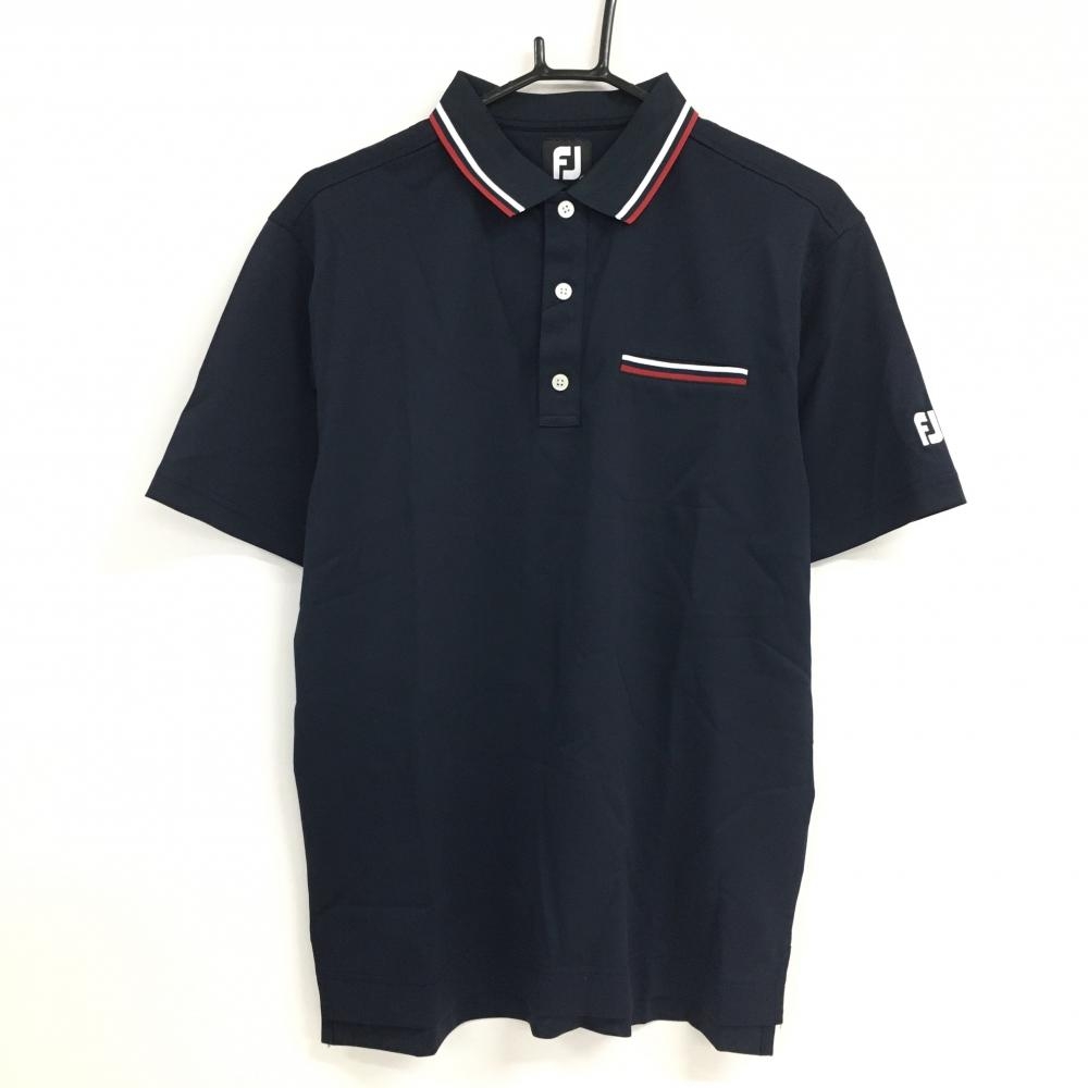 【新品】フットジョイ 半袖ポロシャツ ネイビー ×白×レッド 4WAYストレッチ DRY 抗菌防臭 UVカット メンズ L ゴルフウェア FootJoy