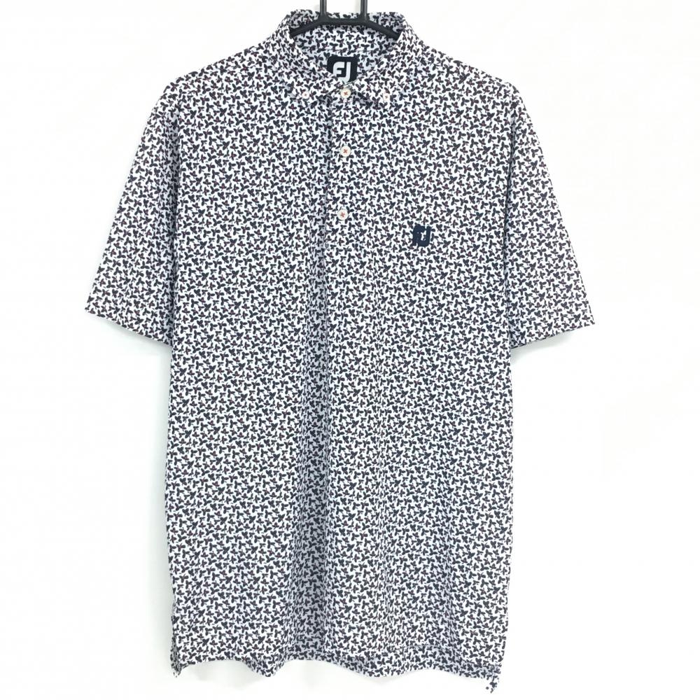 フットジョイ 半袖ポロシャツ 白×ネイビー 花柄 ボタンダウン メンズ XL ゴルフウェア FootJoy