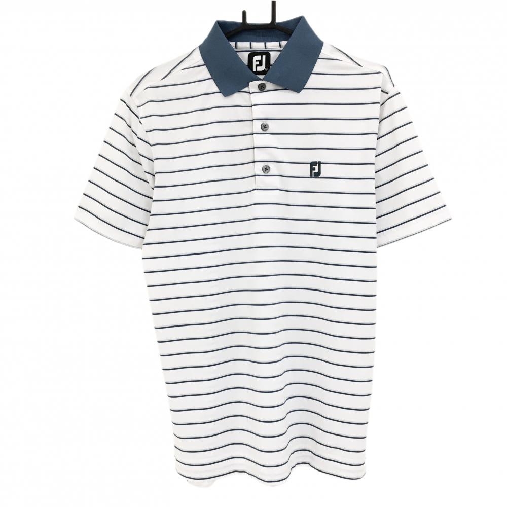 【美品】フットジョイ 半袖ポロシャツ 白×グリーン ボーダー メンズ M ゴルフウェア FootJoy