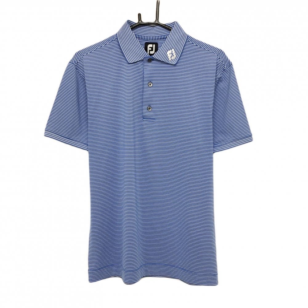 フットジョイ 半袖ポロシャツ ブルー×白 襟ロゴ ボーダー  メンズ M ゴルフウェア FootJoy