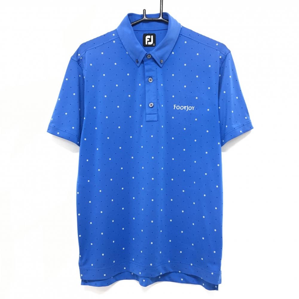フットジョイ 半袖ポロシャツ ブルー×黒 スクエアドット柄 袖ロゴ刺しゅう メンズ L ゴルフウェア FootJoy