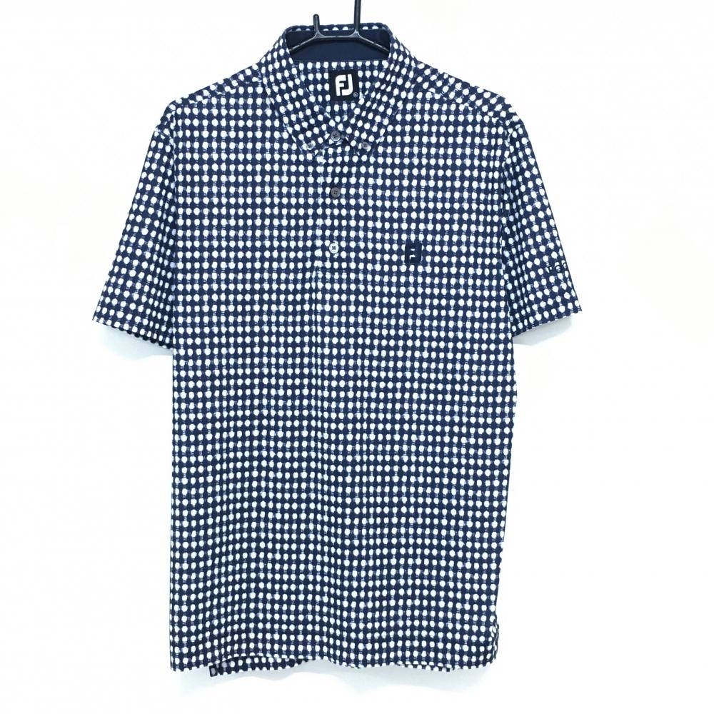 【美品】フットジョイ 半袖ポロシャツ 白×ネイビー チェック ロゴ刺しゅう メンズ XL ゴルフウェア FootJoy