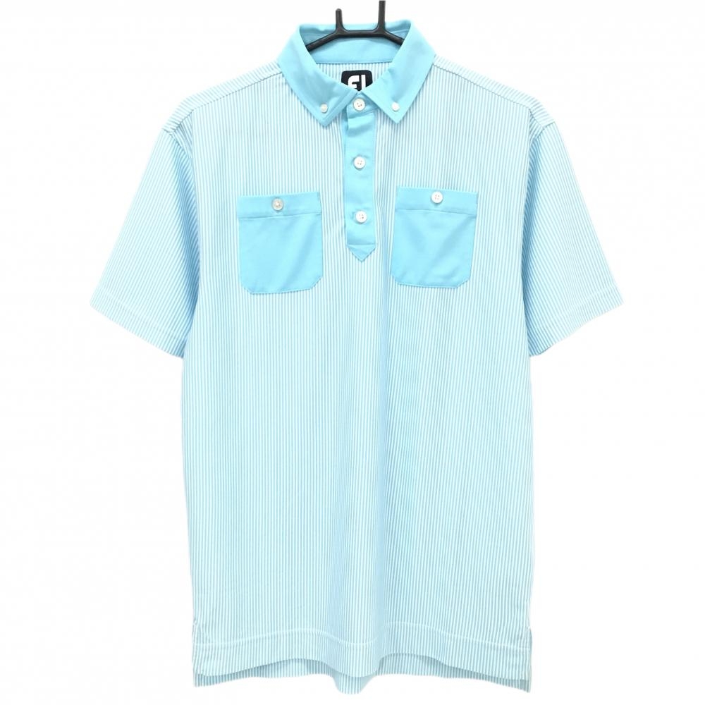【超美品】フットジョイ 半袖ポロシャツ ライトブルー×白 ストライプ ボタンダウン メンズ L ゴルフウェア FootJoy