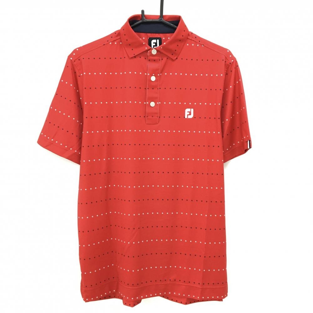 【超美品】フットジョイ 半袖ポロシャツ レッド×白 星総柄 ロゴ刺しゅう メンズ L ゴルフウェア FootJoy