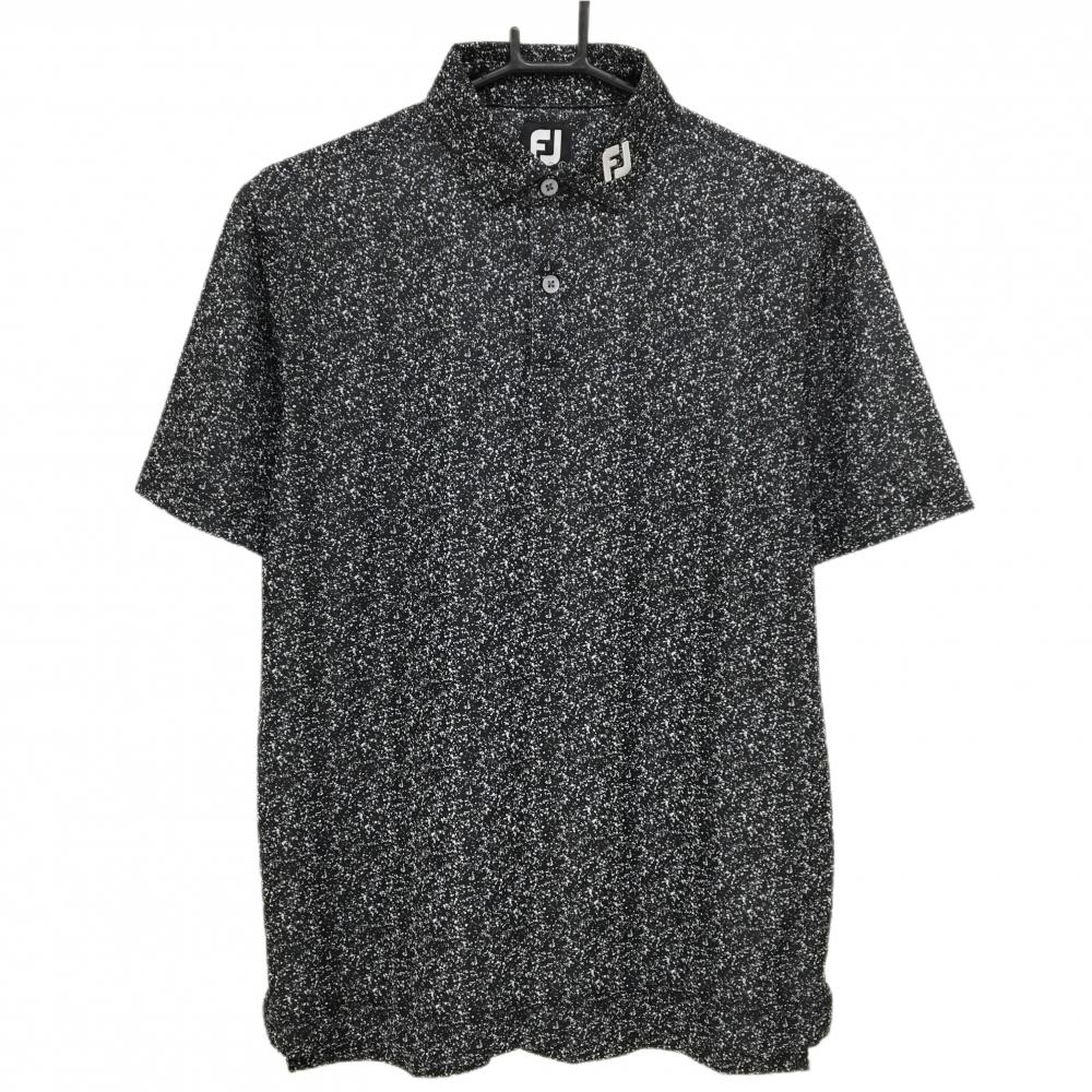 【超美品】フットジョイ 半袖ポロシャツ 黒×白 総柄 襟ロゴ刺しゅう メンズ L ゴルフウェア FootJoy