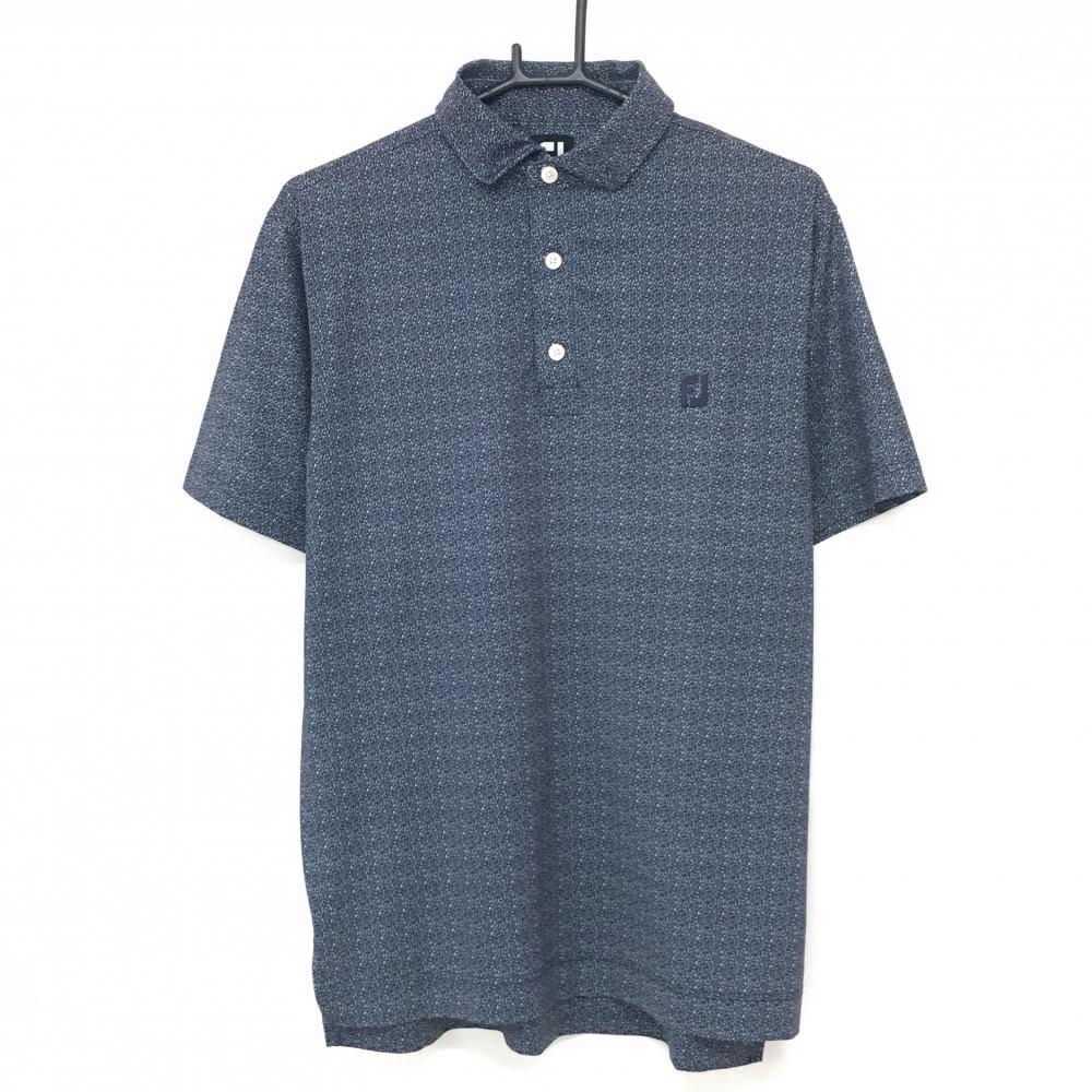 【超美品】フットジョイ 半袖ポロシャツ ネイビー×白 総柄 ボタンダウン メンズ L ゴルフウェア FootJoy