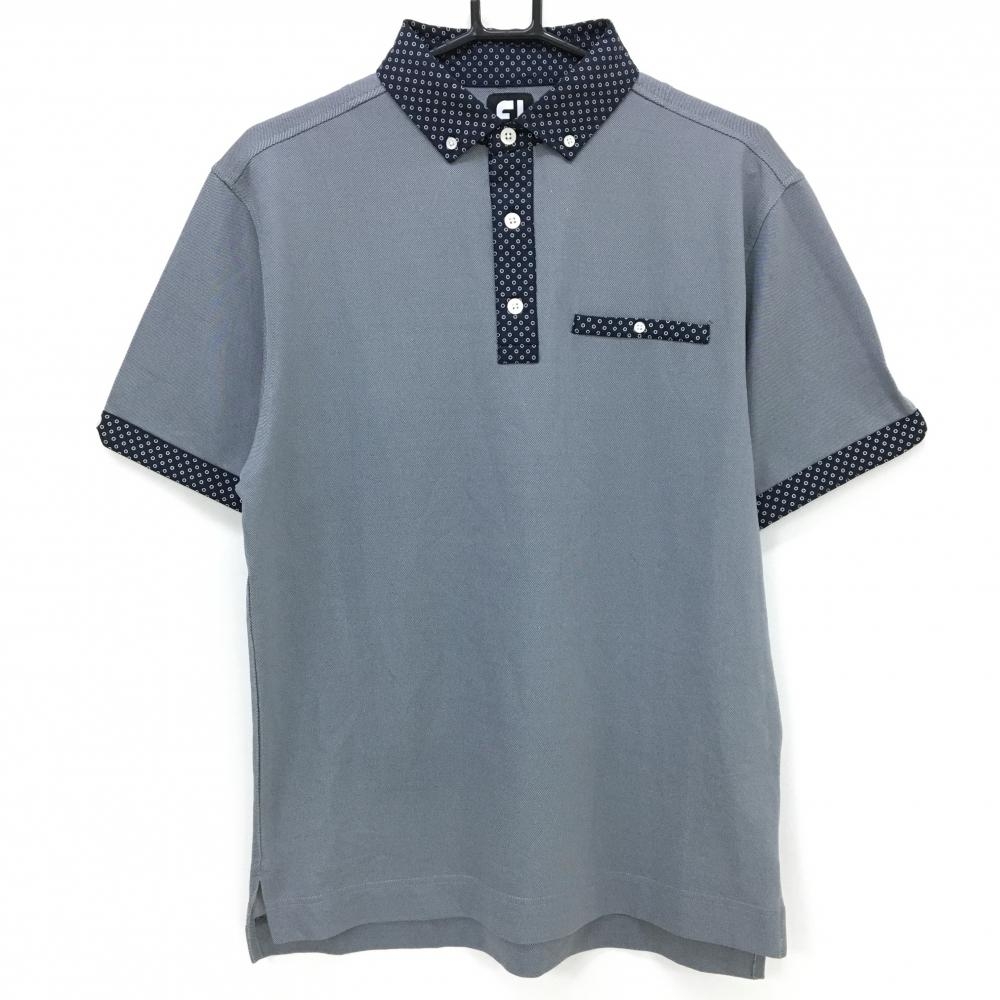 【美品】フットジョイ 半袖ポロシャツ グレー系×ネイビー 一部柄 ボタンダウン  メンズ L ゴルフウェア FootJoy
