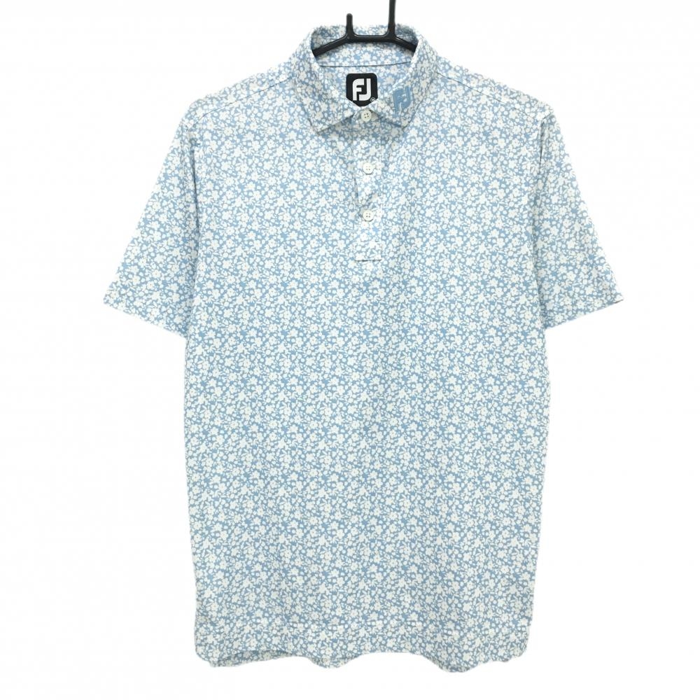 【美品】フットジョイ 半袖ポロシャツ ライトブルー×白 花柄 背面ロゴ メンズ M ゴルフウェア FootJoy