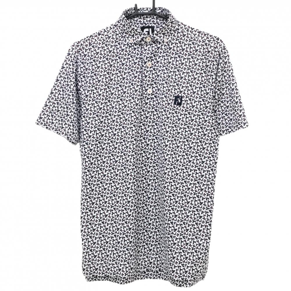 【美品】フットジョイ 半袖ポロシャツ 白×ネイビー 花柄 ボタンダウン メンズ M ゴルフウェア FootJoy