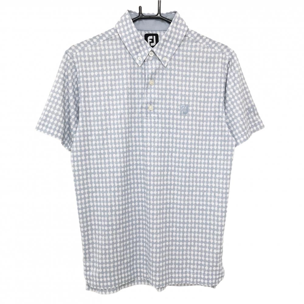 【超美品】フットジョイ 半袖ポロシャツ ライトブルー×白 総柄 ボタンダウン メンズ M ゴルフウェア FootJoy