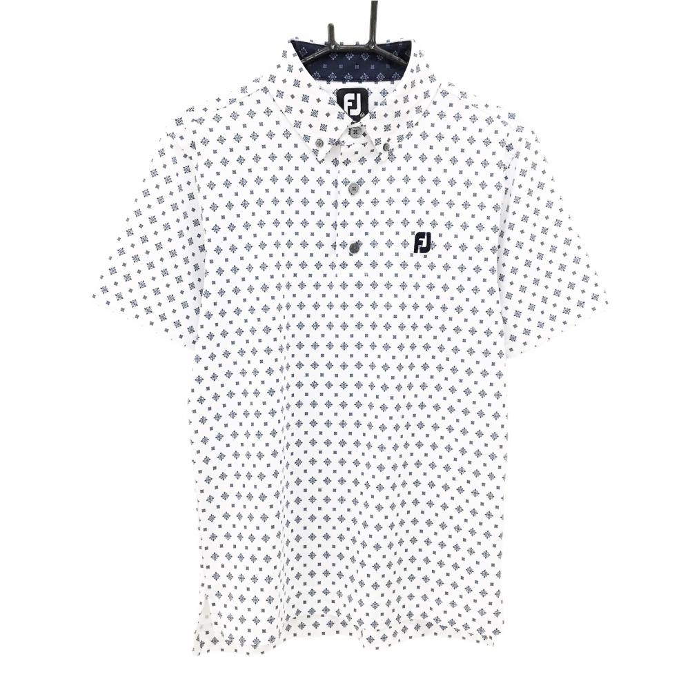 【美品】フットジョイ 半袖ポロシャツ 白×ネイビー 総柄 ボタンダウン メンズ M ゴルフウェア FootJoy