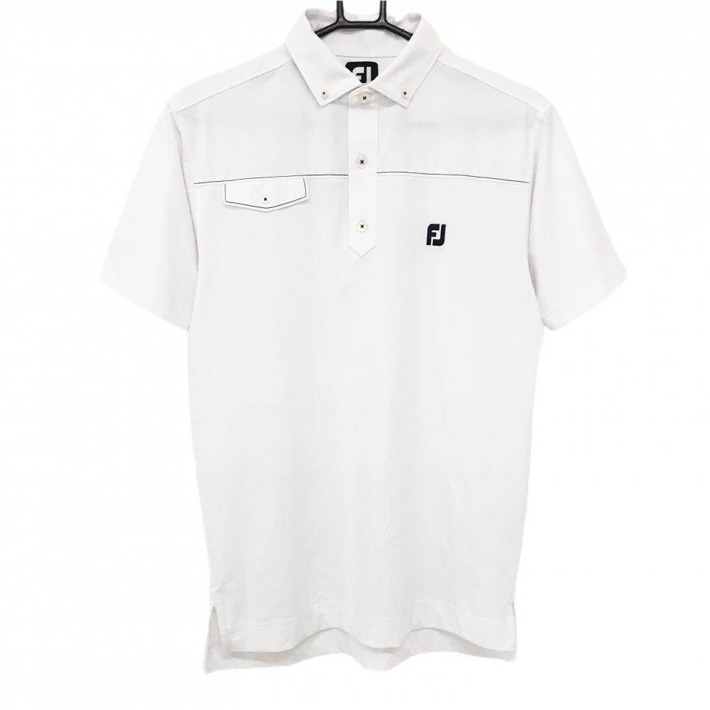 フットジョイ 半袖ポロシャツ 白×ネイビー ロゴ刺しゅう ボタンダウン  メンズ M ゴルフウェア FootJoy