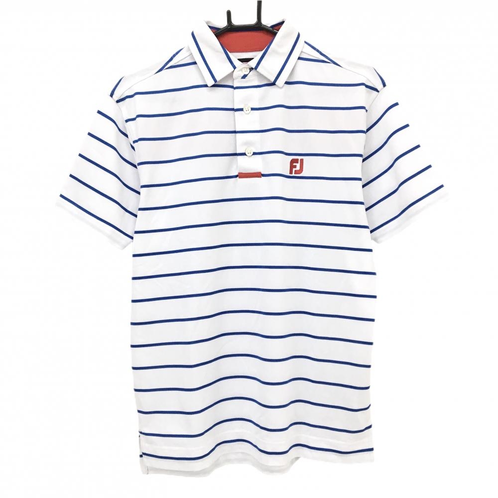 【超美品】フットジョイ 半袖ポロシャツ 白×ブルー ボーダー 胸ロゴ メンズ M ゴルフウェア FootJoy