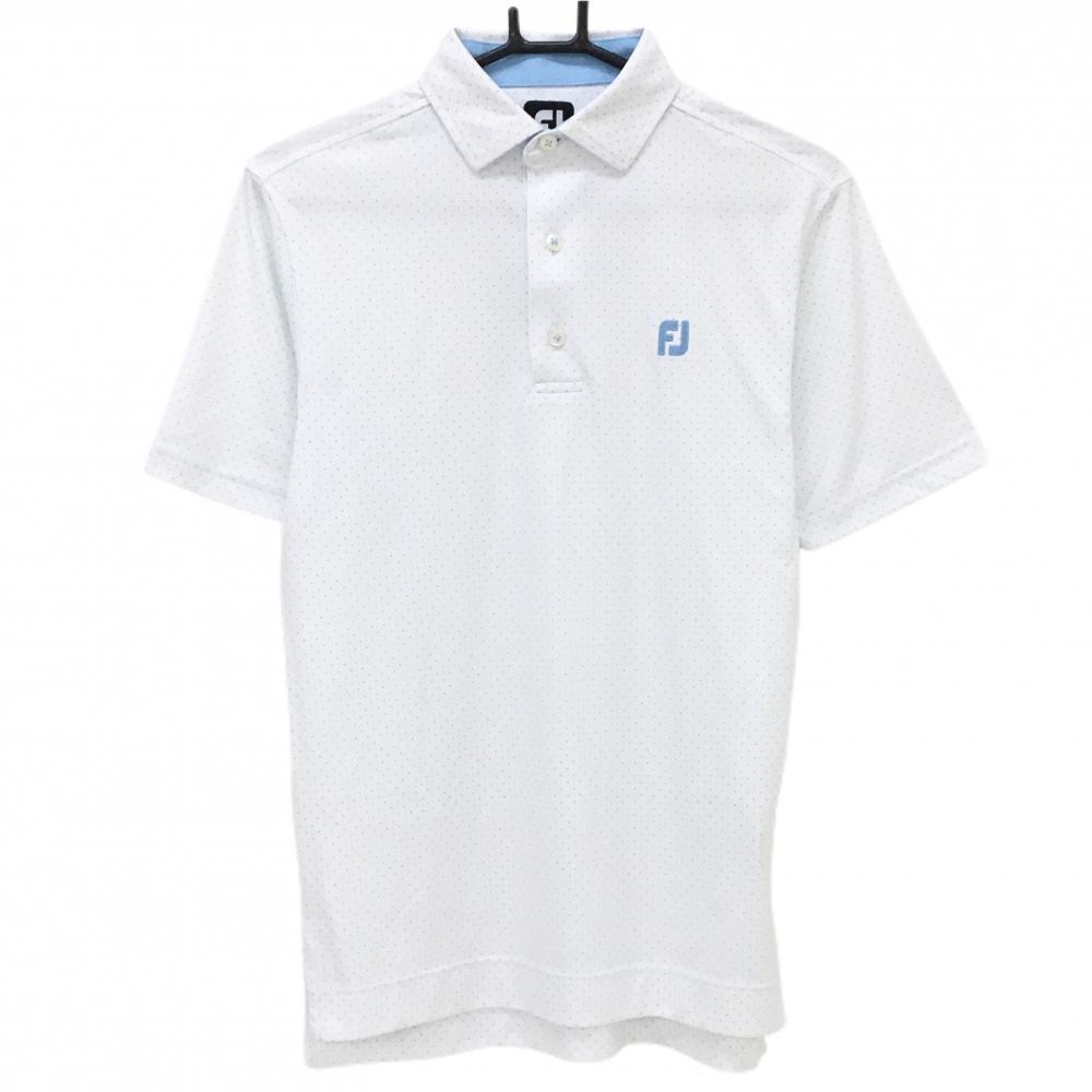 【超美品】フットジョイ 半袖ポロシャツ 白×ライトブルー ドット ロゴ刺しゅう メンズ M ゴルフウェア FootJoy