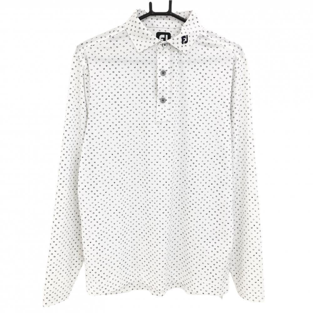 【美品】フットジョイ 長袖ポロシャツ 白×ネイビー 総柄 ロゴ刺しゅう メンズ L ゴルフウェア FootJoy