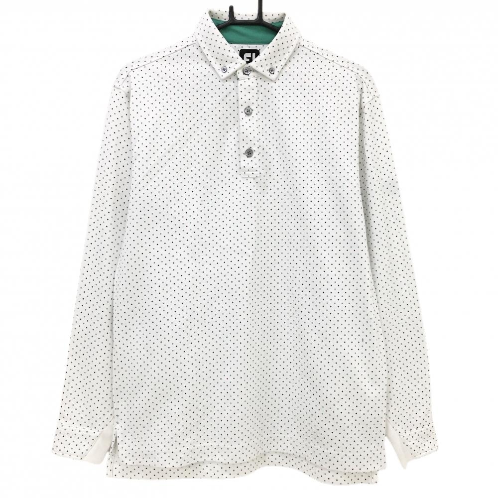 フットジョイ 長袖ポロシャツ 白×グリーン×黒 ドット柄 裏微起毛 メンズ XL ゴルフウェア FootJoy