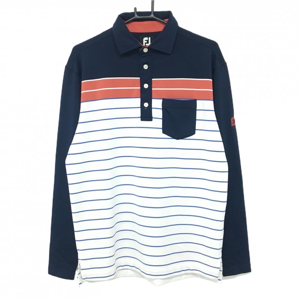 フットジョイ 長袖ポロシャツ ネイビー×白 ボーダー柄 胸ポケット メンズ L ゴルフウェア FootJoy
