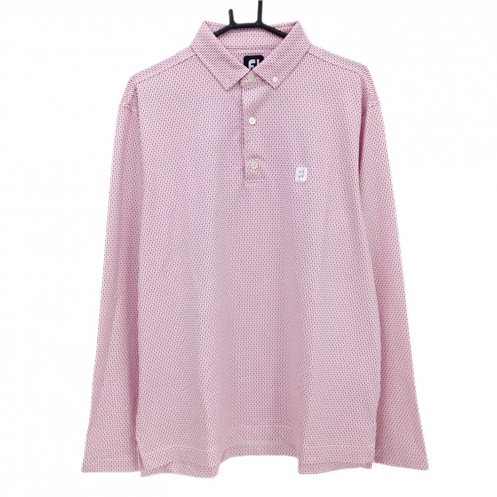 【超美品】フットジョイ 長袖ポロシャツ 白×レッド 総柄 ボタンダウン  メンズ 2XL ゴルフウェア 大きいサイズ FootJoy