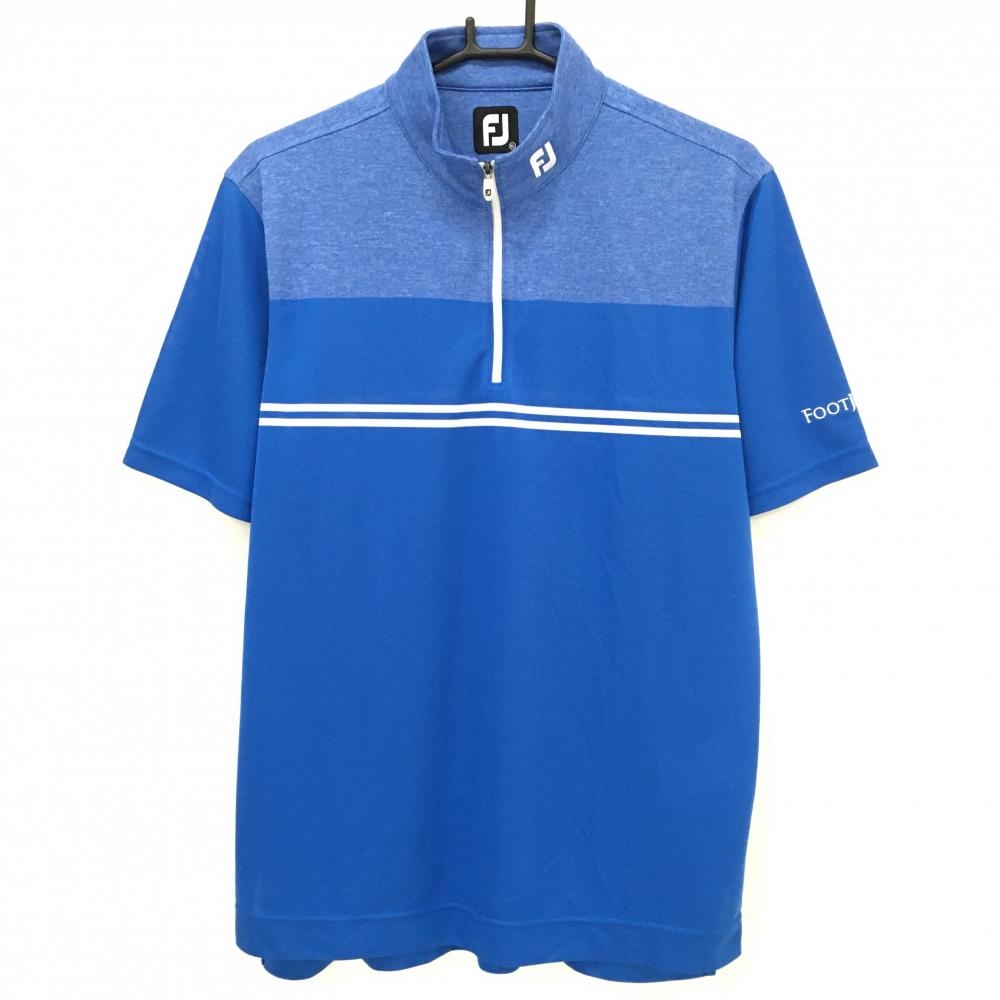 【美品】フットジョイ 半袖ハイネックシャツ 杢ブルー×ブルー×白 ハーフジップ 胸2ライン  メンズ XL ゴルフウェア FootJoy