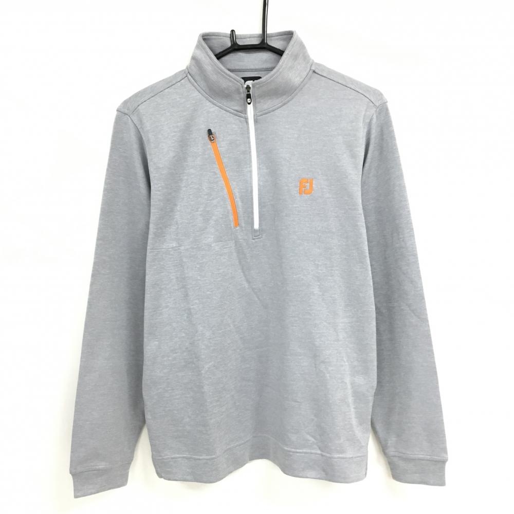 【美品】フットジョイ 長袖ハイネックシャツ 杢グレー×オレンジ ボーダー調織生地 ハーフジップ  メンズ M ゴルフウェア FootJoy