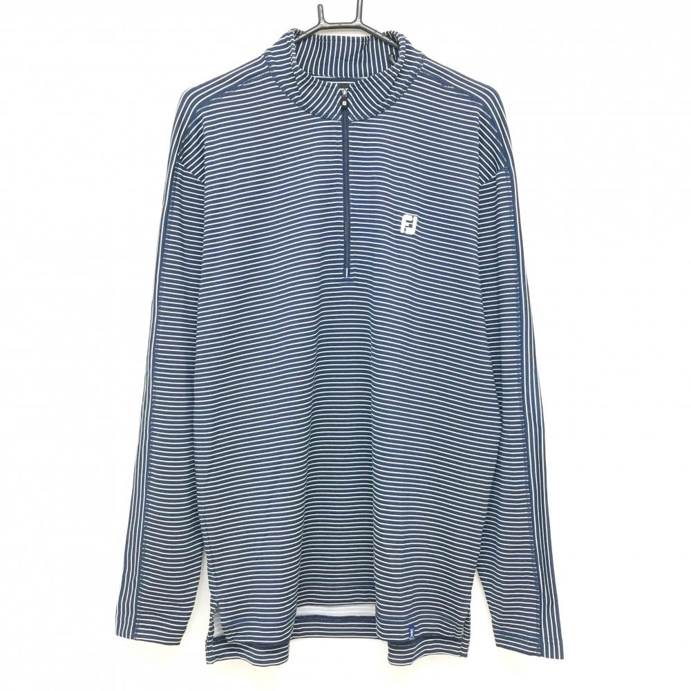 【超美品】フットジョイ 長袖ハイネックシャツ ダークネイビー×白 ボーダー ハーフジップ メンズ XL ゴルフウェア FootJoy