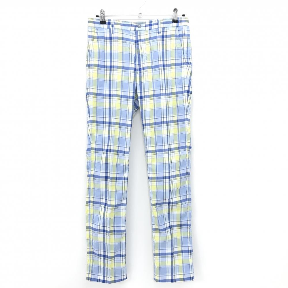 【美品】フットジョイ パンツ ブルーア×イエロー チェック 薄手 メンズ 31 ゴルフウェア FootJoy