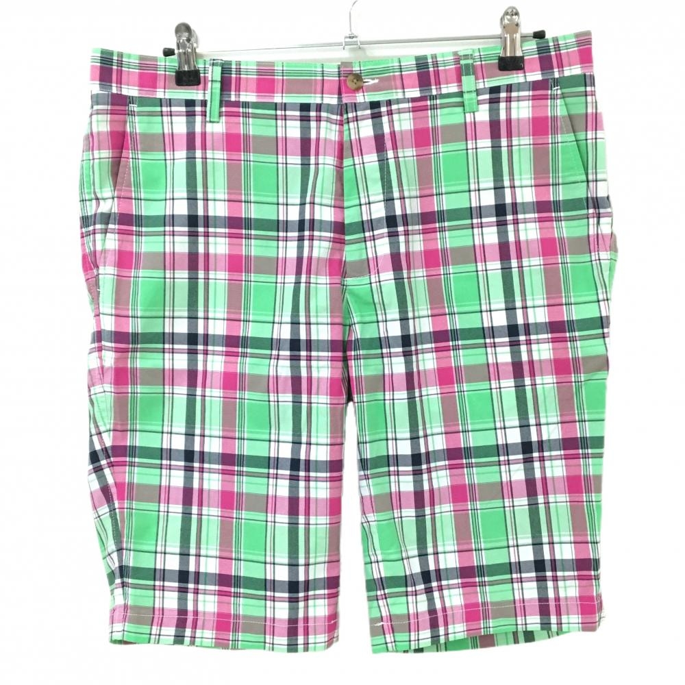 【超美品】フットジョイ ハーフパンツ ライトグリーン×ピンク チェック メンズ W36 ゴルフウェア FootJoy