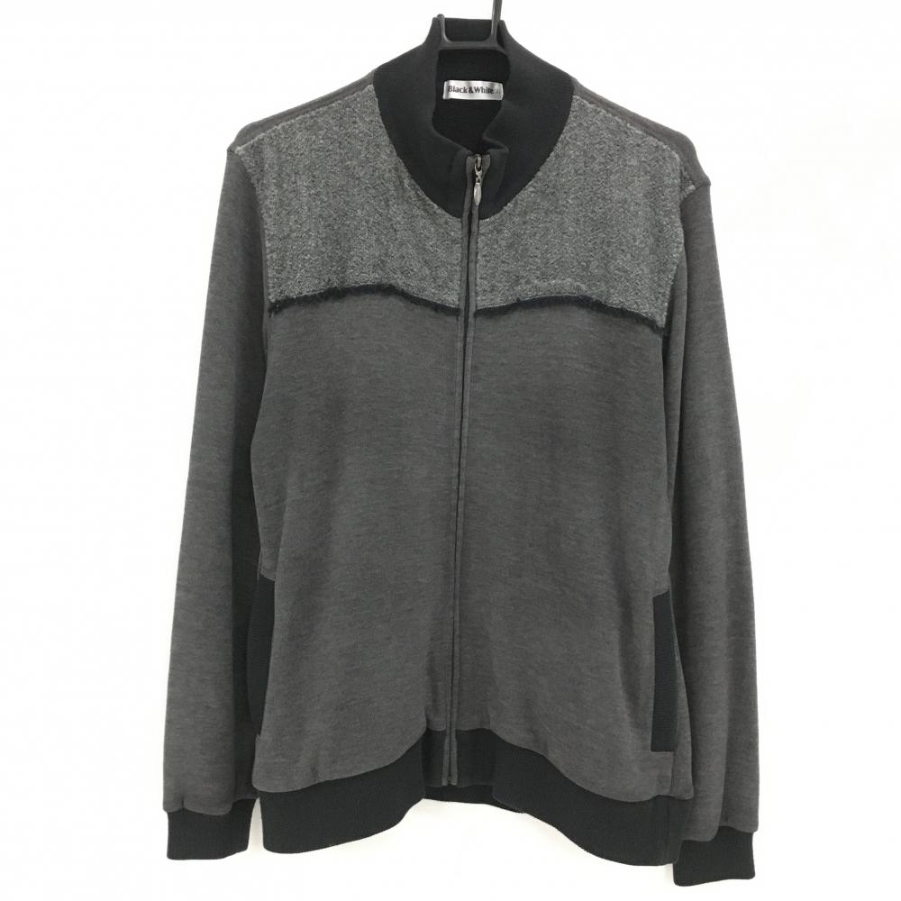 【美品】ブラックアンドホワイト ニットジャケット 杢グレー系×黒 ウール混 メンズ 2(M) ゴルフウェア Black＆White