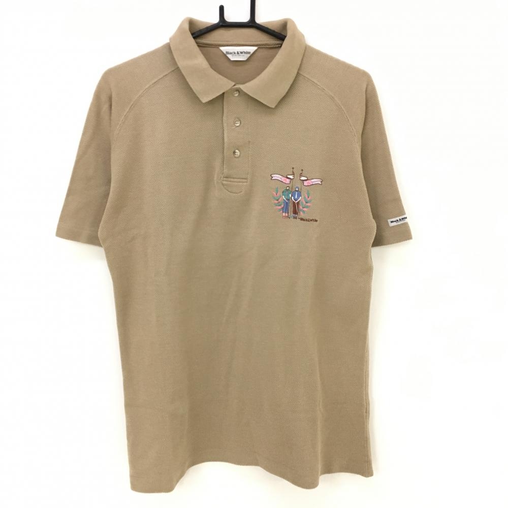 ブラックアンドホワイト 半袖ポロシャツ ライトブラウン 胸元刺しゅう メンズ L ゴルフウェア Black＆White