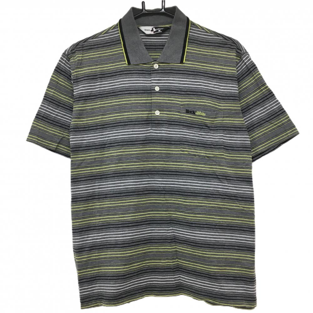 ブラックアンドホワイト 半袖ポロシャツ グレー×イエロー ボーダー 襟ライン メンズ M ゴルフウェア Black＆White