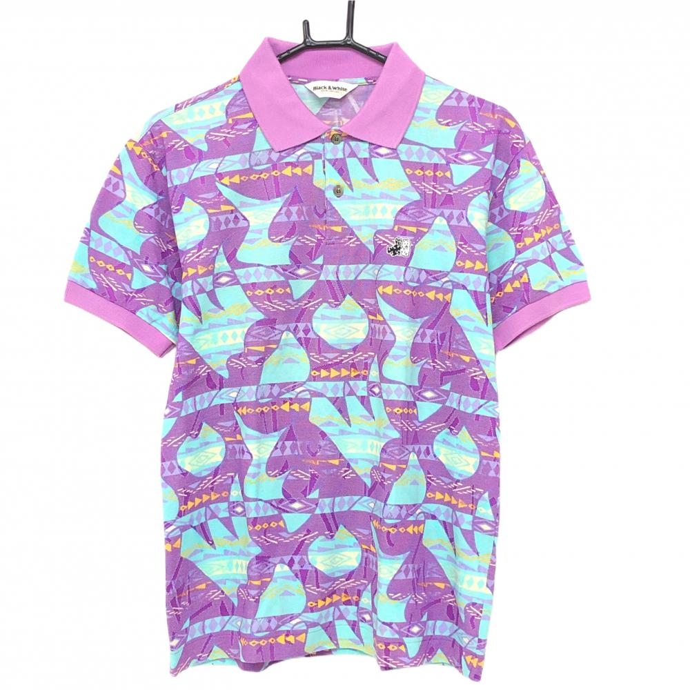 ブラックアンドホワイト 半袖ポロシャツ パープル×ライトブルー 総柄  メンズ L ゴルフウェア Black＆White