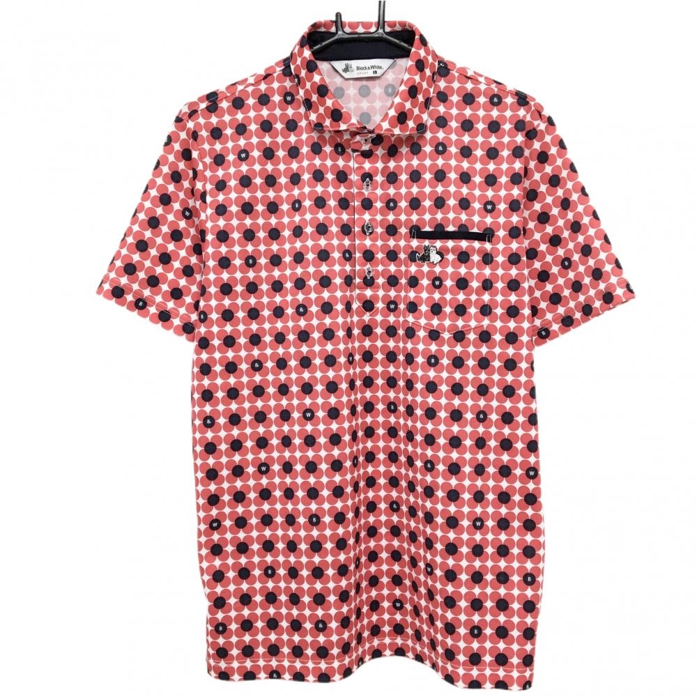 【超美品】ブラックアンドホワイト 半袖ポロシャツ 白×レッドピンク系×ネイビー 総柄 胸ポケット メンズ L ゴルフウェア Black＆White