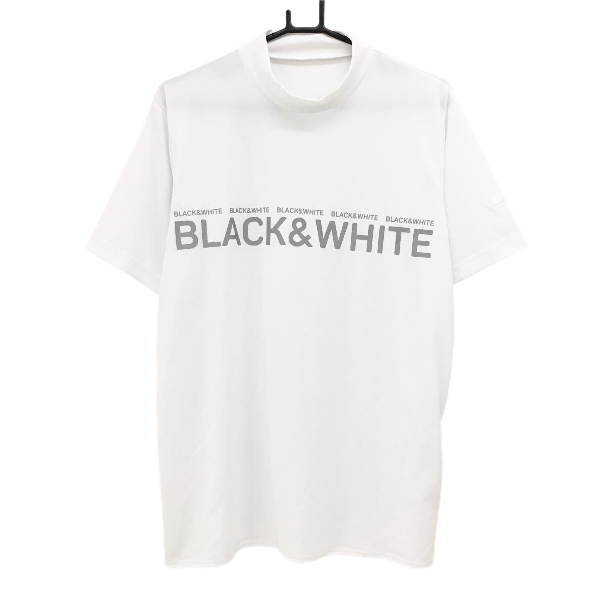 【超美品】ブラックアンドホワイト 半袖ハイネックシャツ 白×シルバー フロントロゴ メンズ LL ゴルフウェア Black＆White