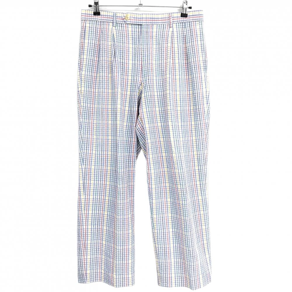 【美品】ブラックアンドホワイト パンツ 白×マルチカラー チェック サッカー調生地  メンズ 85 ゴルフウェア Black＆White