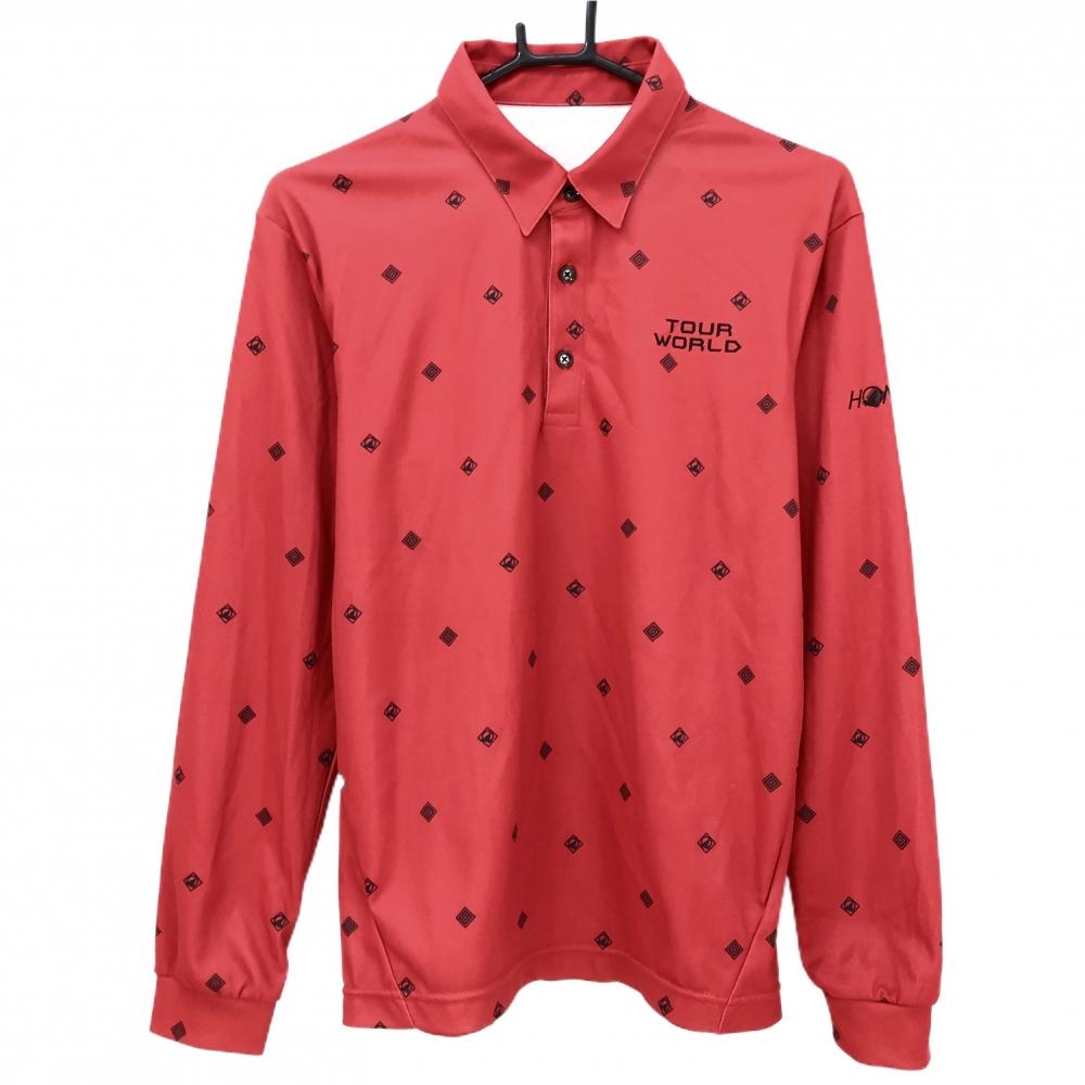 【美品】ホンマ 長袖ポロシャツ レッド×黒 ロゴ総柄 メンズ M ゴルフウェア HONMA